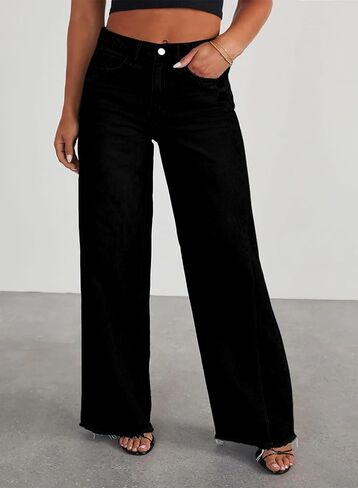 Eytino Women's Plus Size Wide Leg Jeans Elastic High Waist Stretchy Raw Hem Denim Pants with Pockets(1X-5X) in Saudi Arabia