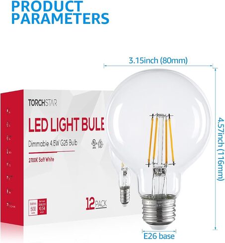مصابيح إضاءة TORCHSTAR G25 Globe LED قابلة للتعتيم، لمبة إضاءة دائرية شفافة للحمام، لمبة إديسون LED، 4.5 وات (60 وات مكافئ)، قائمة UL ونجمة الطاقة، 500 لومن، قاعدة E26، 2700 كلفن أبيض ناعم، حزمة من 6 in Saudi Arabia