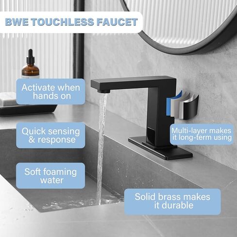 BWE Black Touchless Bathroom Sink Faucet,Hands-Free Automatic Motion Infrared Sensor Faucet,with Control Box and Temperature,Battery or Plug in Powered,Matte Black in Kuwait