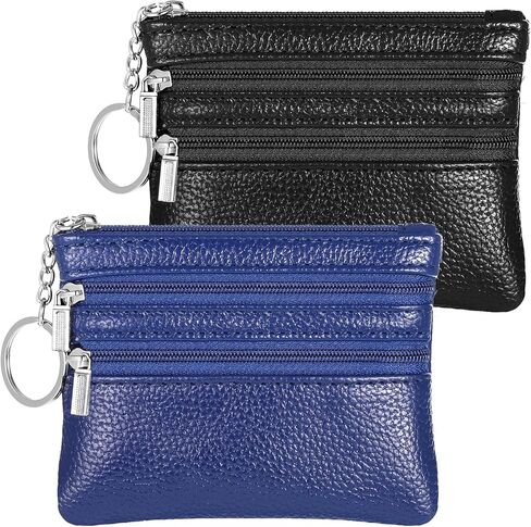 2 PCS PU Leather Coin Presh for Women ، Mini Change Purse Pouch ، محفظة حامل بطاقة صغيرة مع سلسلة مفاتيح للرجال (Black Blue) in Saudi Arabia