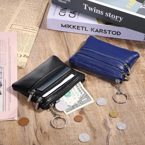 2 PCS PU Leather Coin Presh for Women ، Mini Change Purse Pouch ، محفظة حامل بطاقة صغيرة مع سلسلة مفاتيح للرجال (Black Blue) in Saudi Arabia