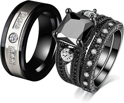 ringheart Couple Rings Matching Ring Black 1CT CZ White Gold Plated Women Wedding Ring Sets for Him and Her Rings in Saudi Arabia
