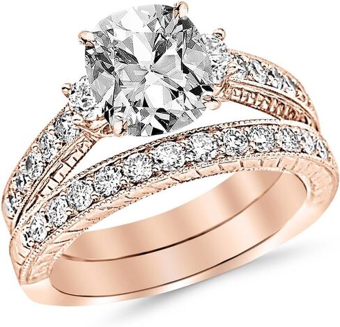 1.53 قيراط ثلاثة حجارة خمر مع Milgrain & Filgree Bridal مجموعة مع فرقة الزفاف والوسادة خاتم الخطوبة الماس (F Color VS2 Clarity Center Stones) in Saudi Arabia