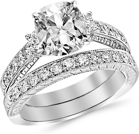 1.53 قيراط ثلاثة حجارة خمر مع Milgrain & Filgree Bridal مجموعة مع فرقة الزفاف والوسادة خاتم الخطوبة الماس (F Color VS2 Clarity Center Stones) in Kuwait