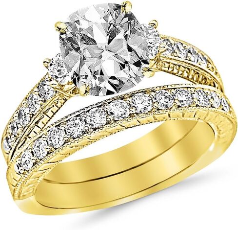 1.53 قيراط ثلاثة حجارة خمر مع Milgrain & Filgree Bridal مجموعة مع فرقة الزفاف والوسادة خاتم الخطوبة الماس (F Color VS2 Clarity Center Stones) in Kuwait