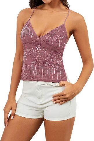 النساء الترتر كامي أعلى راينستون التألق بلا أكمام ضد الرقبة Camisole مفتوحة الظهر الصيف محصول الحفلات النادي in Kuwait