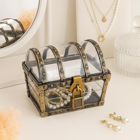 Treasure Chest Box, Small Pirate Treasure Case with Lock and Key, Transparent Jewelry Storage Container Display Toy Candy Seashell Gemstone Crystal Keepsake Gift, Retro Nautical Home Decor 5''x4.5'' in Saudi Arabia