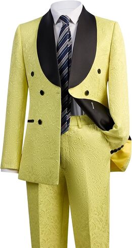 Men's Suit 2-Piece Floral Jacquard Shawl Lapel Jacket Double-Breasted Blazer & Pants Set for Wedding Prom Party in Kuwait