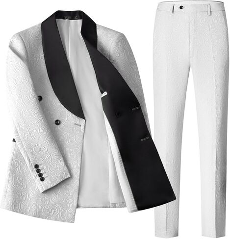 Men's Suit 2-Piece Floral Jacquard Shawl Lapel Jacket Double-Breasted Blazer & Pants Set for Wedding Prom Party in Kuwait