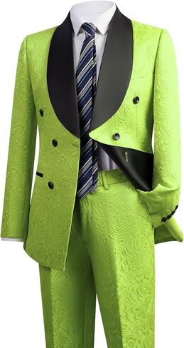 Men's Suit 2-Piece Floral Jacquard Shawl Lapel Jacket Double-Breasted Blazer & Pants Set for Wedding Prom Party in Kuwait