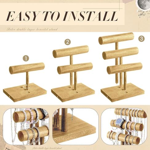 2 عبوات 3 حامل سوار تقف مجوهرات شاشة خشبية منظم T-Bar Bangle Storage Rack for Necklace Scrunchies Watches Hair Ties (Brown) in Saudi Arabia