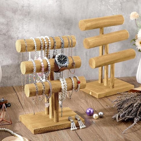 2 عبوات 3 حامل سوار تقف مجوهرات شاشة خشبية منظم T-Bar Bangle Storage Rack for Necklace Scrunchies Watches Hair Ties (Brown) in Saudi Arabia