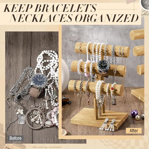 2 عبوات 3 حامل سوار تقف مجوهرات شاشة خشبية منظم T-Bar Bangle Storage Rack for Necklace Scrunchies Watches Hair Ties (Brown) in Saudi Arabia
