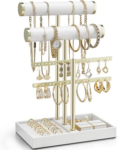 Vlando 3 Tier Necklace Holder Organizer مع صينية ، شاشة حامل سوار جلدية للنساء ، ومجوهرات الذهب سوار ، قلادة ، أقراط ، حلقات - سحابة بيضاء in Kuwait