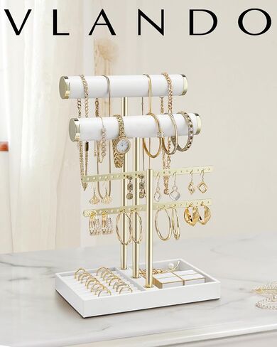 Vlando 3 Tier Necklace Holder Organizer مع صينية ، شاشة حامل سوار جلدية للنساء ، ومجوهرات الذهب سوار ، قلادة ، أقراط ، حلقات - سحابة بيضاء in Kuwait