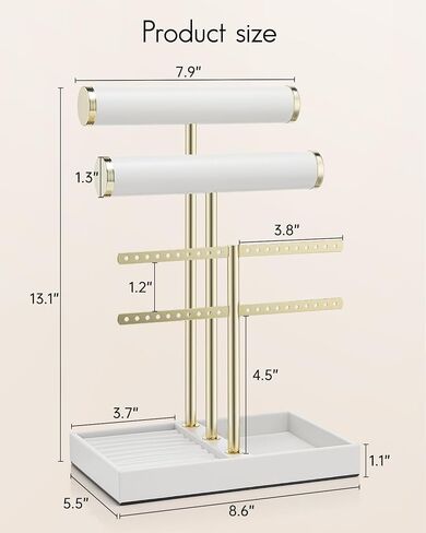Vlando 3 Tier Necklace Holder Organizer مع صينية ، شاشة حامل سوار جلدية للنساء ، ومجوهرات الذهب سوار ، قلادة ، أقراط ، حلقات - سحابة بيضاء in Kuwait