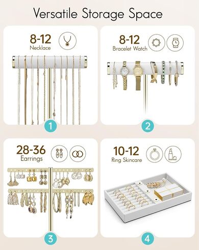 Vlando 3 Tier Necklace Holder Organizer مع صينية ، شاشة حامل سوار جلدية للنساء ، ومجوهرات الذهب سوار ، قلادة ، أقراط ، حلقات - سحابة بيضاء in Kuwait