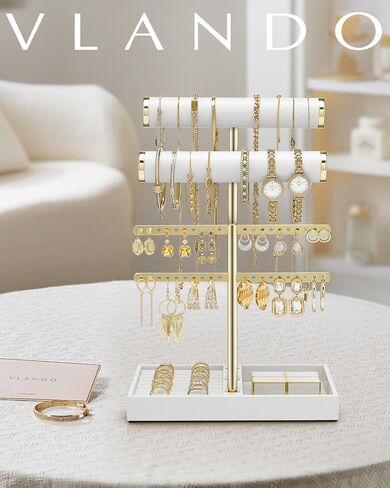 Vlando 3 Tier Necklace Holder Organizer مع صينية ، شاشة حامل سوار جلدية للنساء ، ومجوهرات الذهب سوار ، قلادة ، أقراط ، حلقات - سحابة بيضاء in Kuwait