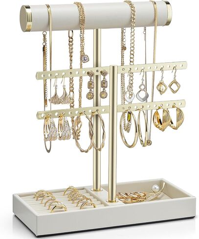 Vlando 3 Tier Necklace Holder Organizer مع صينية ، شاشة حامل سوار جلدية للنساء ، ومجوهرات الذهب سوار ، قلادة ، أقراط ، حلقات - سحابة بيضاء in Kuwait