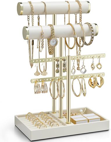Vlando 3 Tier Necklace Holder Organizer مع صينية ، شاشة حامل سوار جلدية للنساء ، ومجوهرات الذهب سوار ، قلادة ، أقراط ، حلقات - سحابة بيضاء in Kuwait