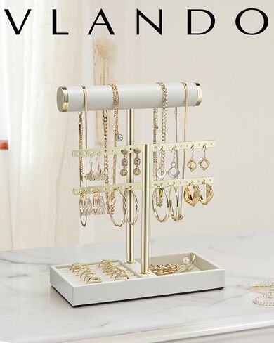 Vlando 3 Tier Necklace Holder Organizer مع صينية ، شاشة حامل سوار جلدية للنساء ، ومجوهرات الذهب سوار ، قلادة ، أقراط ، حلقات - سحابة بيضاء in Kuwait