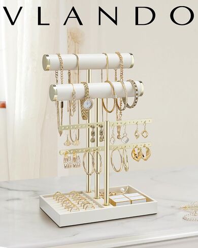 Vlando 3 Tier Necklace Holder Organizer مع صينية ، شاشة حامل سوار جلدية للنساء ، ومجوهرات الذهب سوار ، قلادة ، أقراط ، حلقات - سحابة بيضاء in Kuwait