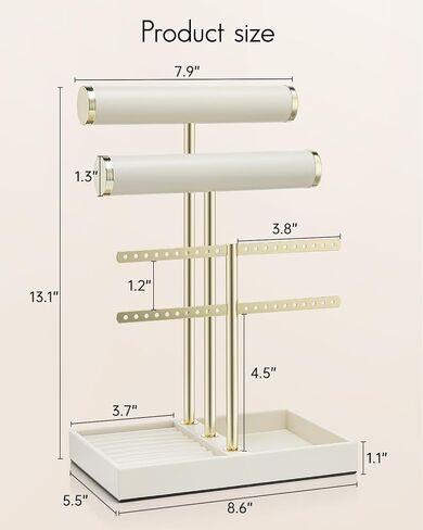 Vlando 3 Tier Necklace Holder Organizer مع صينية ، شاشة حامل سوار جلدية للنساء ، ومجوهرات الذهب سوار ، قلادة ، أقراط ، حلقات - سحابة بيضاء in Kuwait