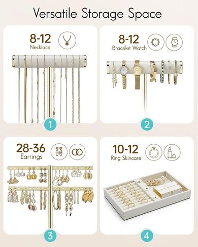 Vlando 3 Tier Necklace Holder Organizer مع صينية ، شاشة حامل سوار جلدية للنساء ، ومجوهرات الذهب سوار ، قلادة ، أقراط ، حلقات - سحابة بيضاء in Kuwait