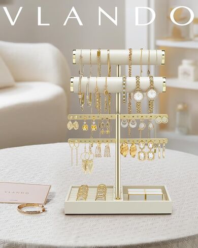 Vlando 3 Tier Necklace Holder Organizer مع صينية ، شاشة حامل سوار جلدية للنساء ، ومجوهرات الذهب سوار ، قلادة ، أقراط ، حلقات - سحابة بيضاء in Kuwait