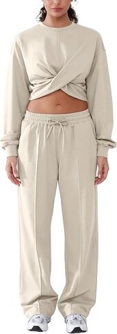 Women 2 Piece Outfits Long Sleeve Twist Front Cropped Sweatsuit High Waist Wide Leg Pants Lounge Matching Sets in Saudi Arabia
