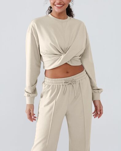 Women 2 Piece Outfits Long Sleeve Twist Front Cropped Sweatsuit High Waist Wide Leg Pants Lounge Matching Sets in Saudi Arabia