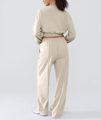 Women 2 Piece Outfits Long Sleeve Twist Front Cropped Sweatsuit High Waist Wide Leg Pants Lounge Matching Sets in Saudi Arabia