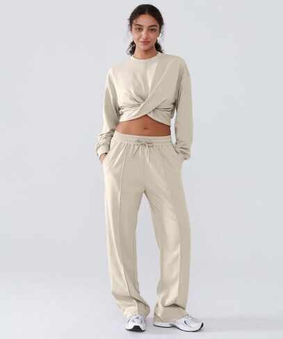 Women 2 Piece Outfits Long Sleeve Twist Front Cropped Sweatsuit High Waist Wide Leg Pants Lounge Matching Sets in Saudi Arabia