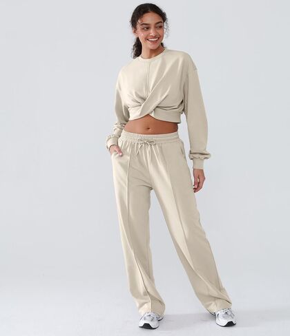 Women 2 Piece Outfits Long Sleeve Twist Front Cropped Sweatsuit High Waist Wide Leg Pants Lounge Matching Sets in Saudi Arabia