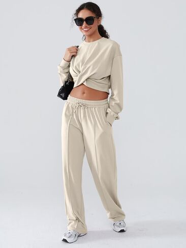 Women 2 Piece Outfits Long Sleeve Twist Front Cropped Sweatsuit High Waist Wide Leg Pants Lounge Matching Sets in Saudi Arabia