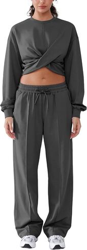 Women 2 Piece Outfits Long Sleeve Twist Front Cropped Sweatsuit High Waist Wide Leg Pants Lounge Matching Sets in Saudi Arabia