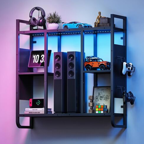 Gaming Floating Shelves, 3-Tier LED Wall Mounted Shelf for Storage, Pipe Shelves Hanging Display Rack, with 2 Controller Hooks, for Gaming Room, Kitchen, Home Bar Black FSHS142E01 in Saudi Arabia