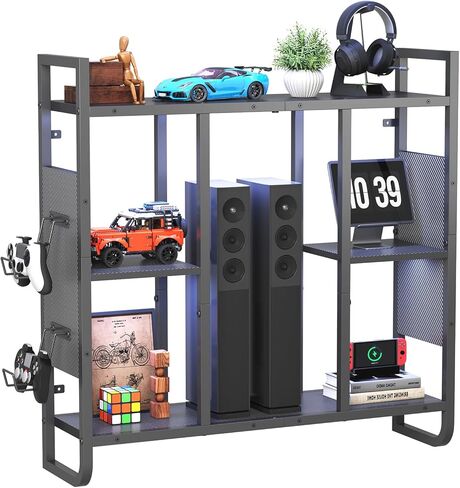 Gaming Floating Shelves, 3-Tier LED Wall Mounted Shelf for Storage, Pipe Shelves Hanging Display Rack, with 2 Controller Hooks, for Gaming Room, Kitchen, Home Bar Black FSHS142E01 in Saudi Arabia