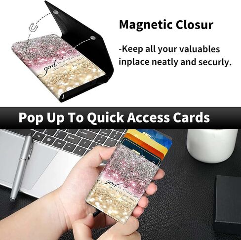 Pop Up Wallet Women Men with Money Slot,RFID Blocking Leather Minimalist Automatic Credit Card Holder Business Trifold Card Case-Pink Glitter Psalm 46:5 in Saudi Arabia