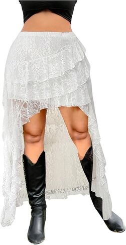 Verdusa Women's Plus Size Lace ذات الطبقات ذات الطبقات العالية المنخفضة تنورة كشكش خط in Saudi Arabia