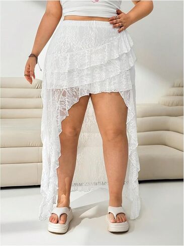 Verdusa Women's Plus Size Lace ذات الطبقات ذات الطبقات العالية المنخفضة تنورة كشكش خط in Saudi Arabia