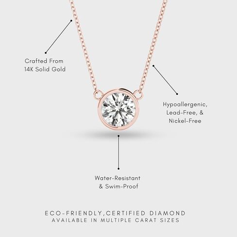 14K Gold Bezel Lab Grown Diamond Pendant | جولة Solitaire الإطار مجموعة قلادة للنساء | معتمد من IGI (1/4CT إلى 3.00 CTTW ، E-F ، وضوح VS1-VS2) سلسلة 18 بوصة in Kuwait