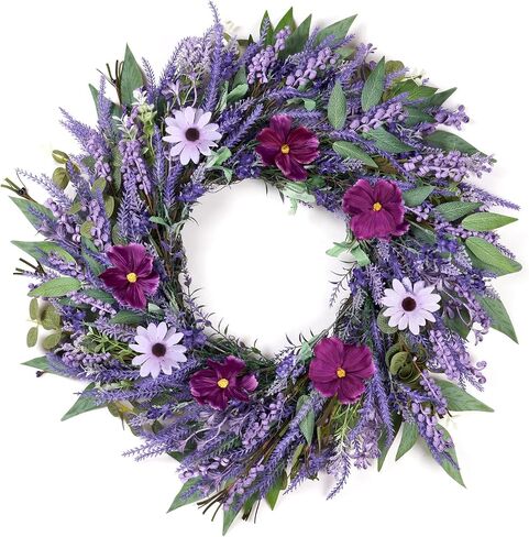24" Lavender Wreath for Front Door - Artificial Floral Lush Summer Wreath with Adjustable Headband & DIY Decor for Wall, Home, Wedding, Party (Purple) in Kuwait