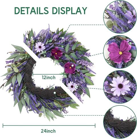 24" Lavender Wreath for Front Door - Artificial Floral Lush Summer Wreath with Adjustable Headband & DIY Decor for Wall, Home, Wedding, Party (Purple) in Kuwait