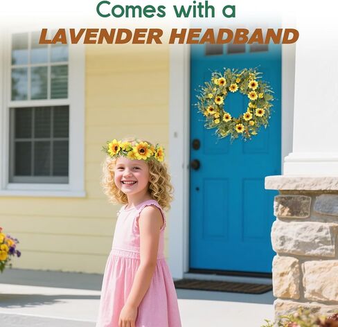 24" Lavender Wreath for Front Door - Artificial Floral Lush Summer Wreath with Adjustable Headband & DIY Decor for Wall, Home, Wedding, Party (Purple) in Kuwait