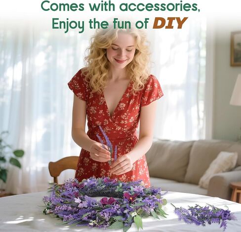 24" Lavender Wreath for Front Door - Artificial Floral Lush Summer Wreath with Adjustable Headband & DIY Decor for Wall, Home, Wedding, Party (Purple) in Kuwait