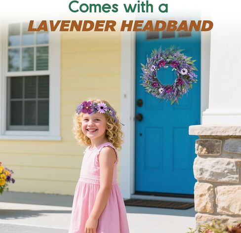 24" Lavender Wreath for Front Door - Artificial Floral Lush Summer Wreath with Adjustable Headband & DIY Decor for Wall, Home, Wedding, Party (Purple) in Kuwait