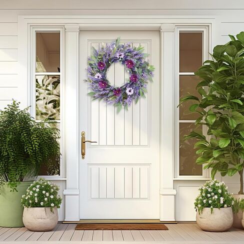 24" Lavender Wreath for Front Door - Artificial Floral Lush Summer Wreath with Adjustable Headband & DIY Decor for Wall, Home, Wedding, Party (Purple) in Kuwait