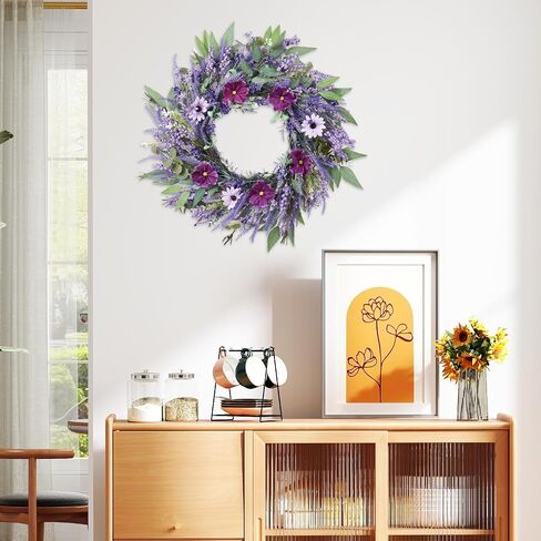 24" Lavender Wreath for Front Door - Artificial Floral Lush Summer Wreath with Adjustable Headband & DIY Decor for Wall, Home, Wedding, Party (Purple) in Kuwait