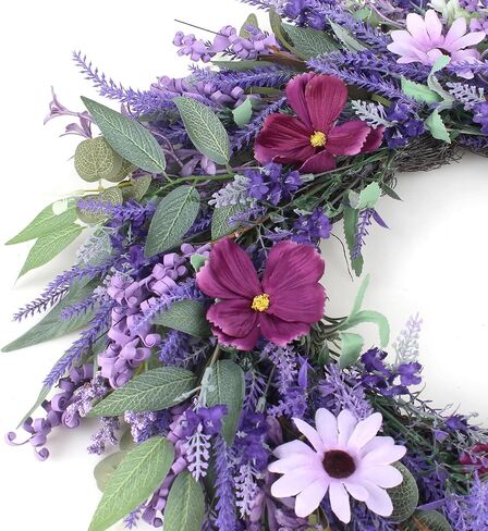 24" Lavender Wreath for Front Door - Artificial Floral Lush Summer Wreath with Adjustable Headband & DIY Decor for Wall, Home, Wedding, Party (Purple) in Kuwait